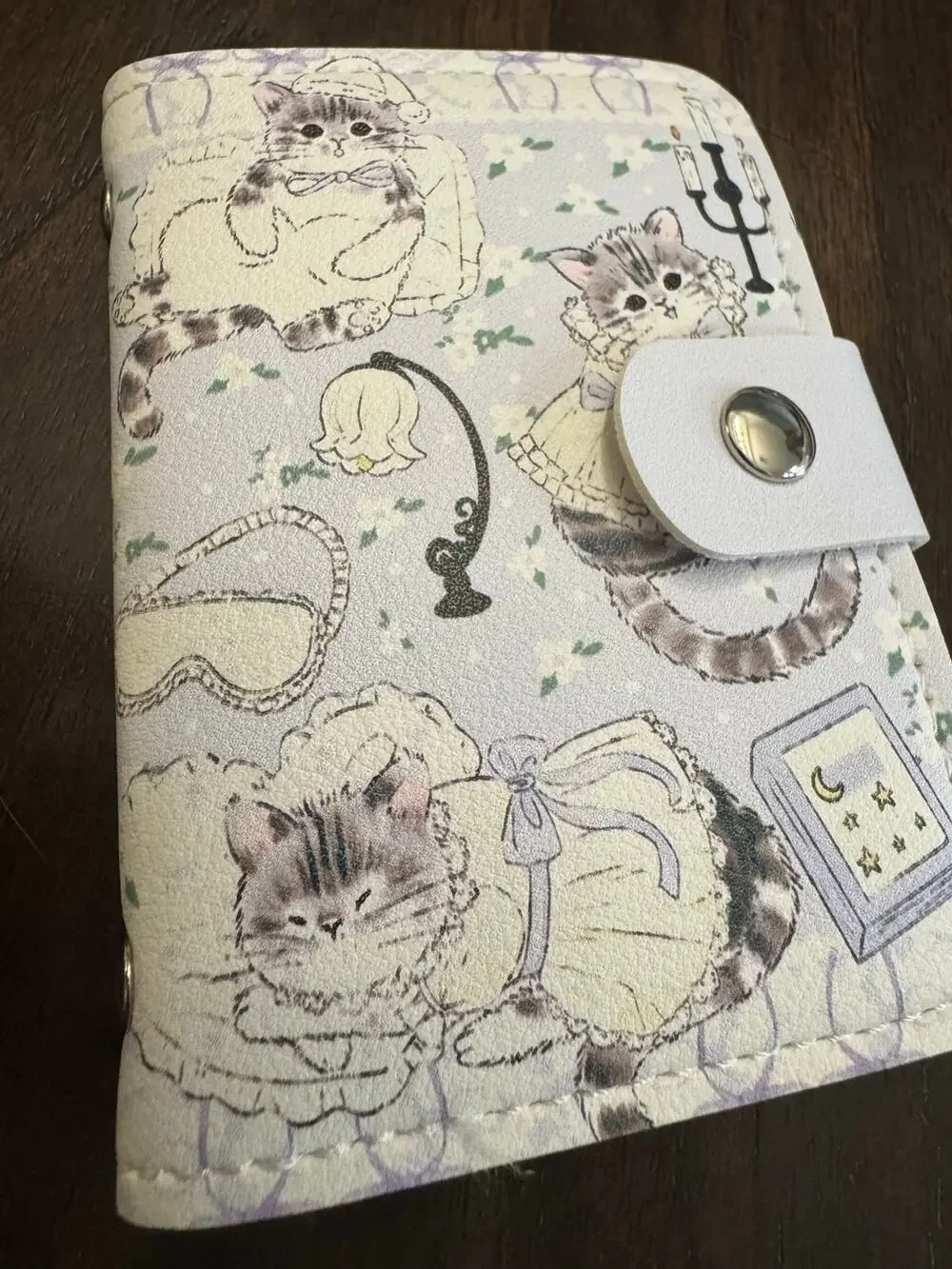 Purple & white cat card wallet illustrations of cats various poses and outfits
